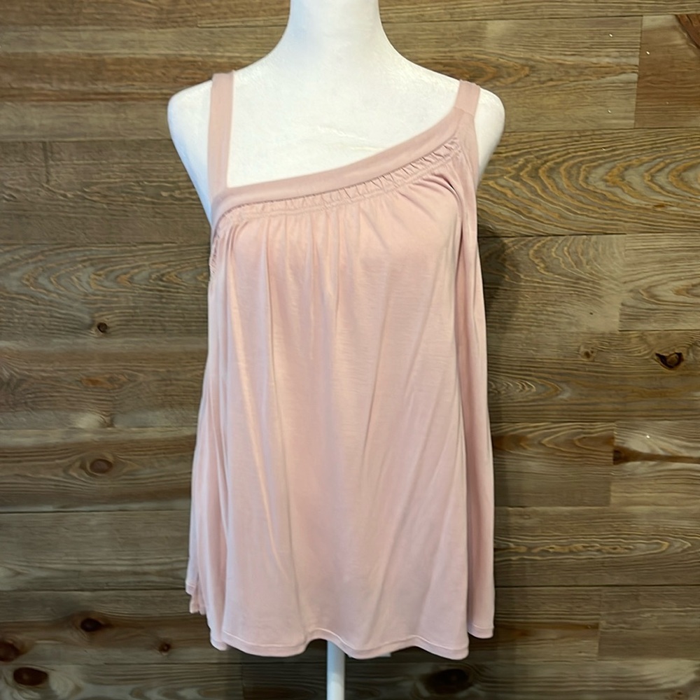Lucky Brand pink knit tank with asymmetrical neckline and gathered bodice.  S